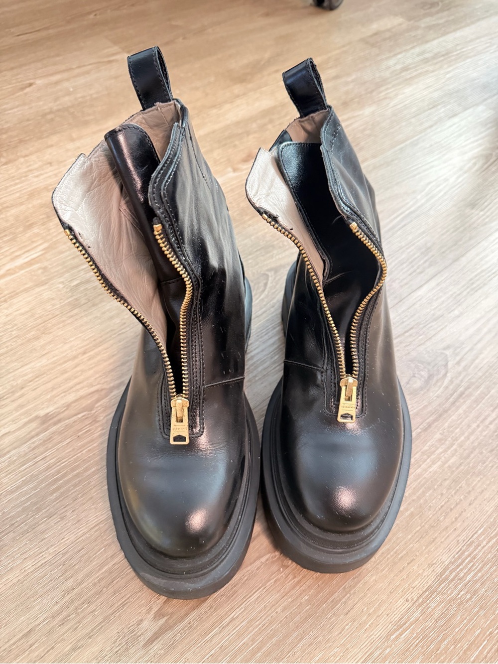 AllSaints Black Leather Zip-Front Ankle Boots with Gold Hardware